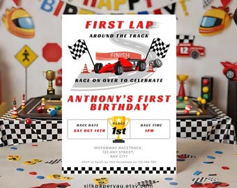 First Lap Around the Track Birthday Invitation, Racing Theme Invite, Formula One Race Car Party, 1st Year Milestones, Red Fast One 1STLAP
