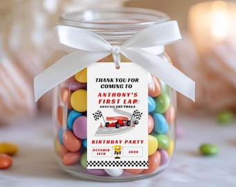 Étiquette de cadeau premier tour de piste, remerciement sur le thème de la course, sac cadeau voiture de course de Formule 1, étiquette de fête, célébration d'anniversaire