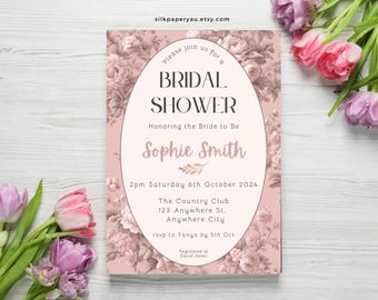 Pink Floral Toile Bridal Shower Invitation, Editable Chinoiserie Invite, Bride to Be Brunch, Elegant Shower Template, Toile De Jouy Girl