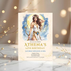 May include: Birthday invitation card with an illustration of a woman in a white dress, holding a bow and arrow, set against a moon and clouds. The text reads "ATHENA'S 14TH BIRTHDAY" with event details.