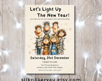 May include: New Year's Eve invitation card with a cartoon family tangled in Christmas lights. The text reads "Let's Light Up The New Year!" and includes event details: Saturday, 31st December, 7:30pm to Late.