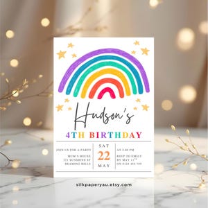 Lebendige Regenbogen-4.Geburtstagseinladung, vierter Geburtstag, helle und fröhliche Party einladen, bunte Spaßparty, Mädchen-Geburtstagsparty SP23
