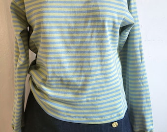 Womens Knit Tops, Womens Striped Tops, Blue & Green Striped Top, Relaxed Fit Long Sleeve Striped Tee
