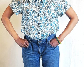 Womens Blouse, Womens Floral Shirt, Womens Short Sleeve Blouse, Womens Top, Womens Vintage Inspired Top, Donna Top