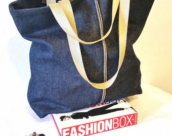 READY to SHIP in BLACK! Vegan Tote Bag in Blue Black Denim, Bead Chain Trim Denim Tote Bag