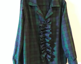 Womens Plaid Shirt, Ruffle Shirt, Dark Green Plaid Wide Ruffle Shirt for Women, Long Sleeve Cotton Shirt, Not Flannel Fabric