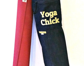 Denim Yoga Mat Bag: Yoga Chick Graphic, Exterior Pocket