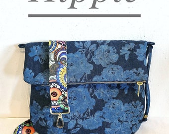 Best Selling Crossbody Bag in Blue Denim, Vegan Bag, Foldover Crossbody Bag in Floral Print Denim, Choose The Strap You Want!