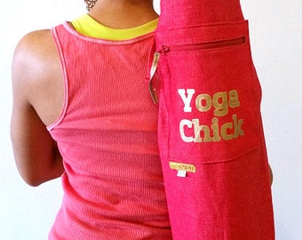 Yoga Chick Yoga Mat Bag, Logo Yoga Mat Bag, Womens Yoga Bag in Red Denim