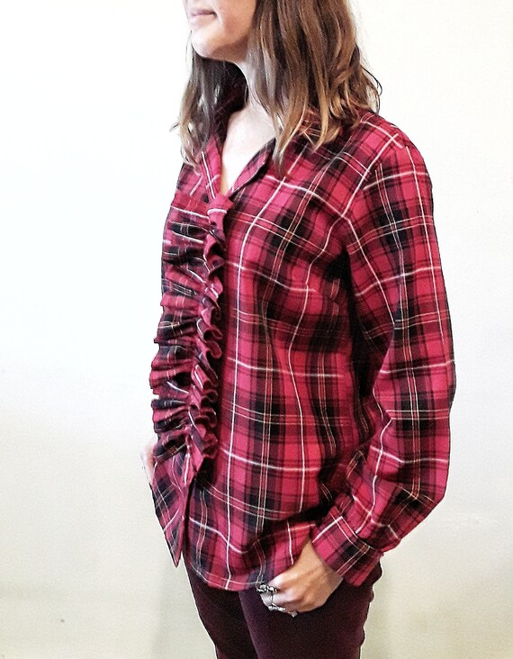 Womens Plaid Shirt Ruffle Shirt Red 