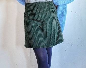 Dark Green Corduroy Mini or Knee Length Skirt: Vintage Wide Wale Cotton