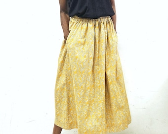 Floral Print Cotton Midi Skirt: Summer Fall Pockets