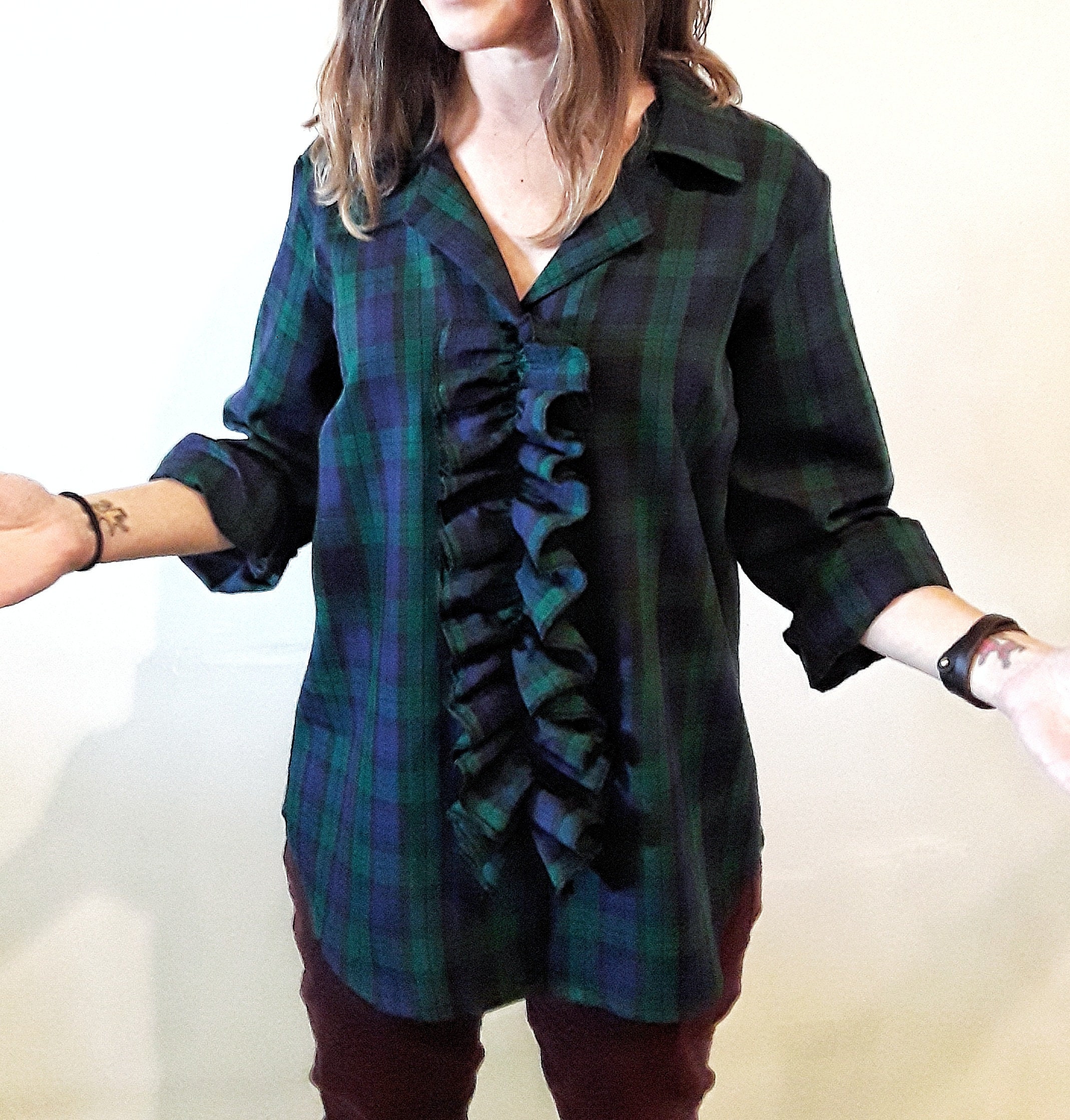 Womens Plaid Shirt Ruffle Shirt Dark 