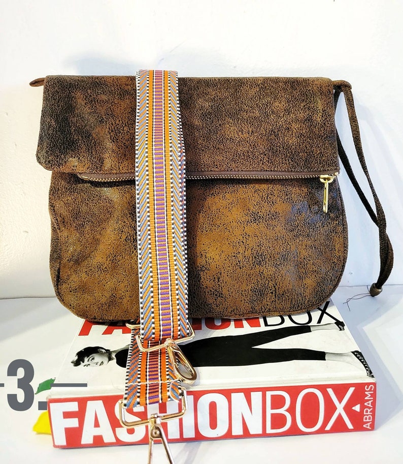 Bestseller Vegan Crossbody Bag in Distressed Honey Mustard Faux Suede, Vegan Suede Bag, Foldover Crossbody Bag image 4