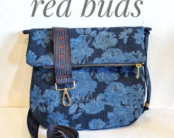 Best Selling Crossbody Bag in Blue Denim, Vegan Bag, Foldover Crossbody Bag in Floral Print Denim, Choose The Strap You Want!