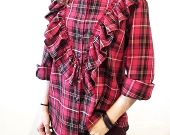 Womens Plaid Shirt, Ruffle Shirt, Red Plaid V-Shape Ruffle Shirt for Women, Long Sleeve Cotton Shirt, Not Flannel Fabric