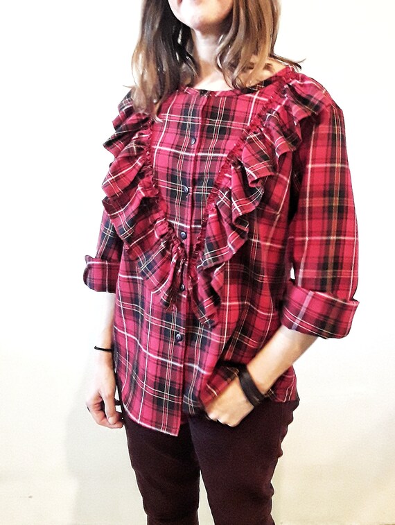 Womens Plaid Shirt, Ruffle Shirt, Red Plaid V-shape Ruffle Shirt