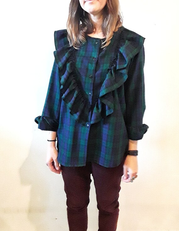 Womens Plaid Shirt Ruffle Shirt Green 
