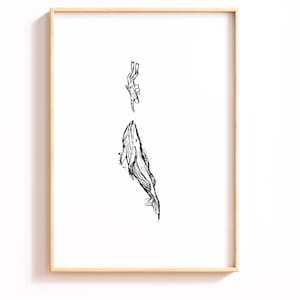 Scuba Diver and Whale Print | Simple Minimalist Scuba Diver A3 Poster Print | Instant Digital Download | Scuba Diving Wall Art Poster |