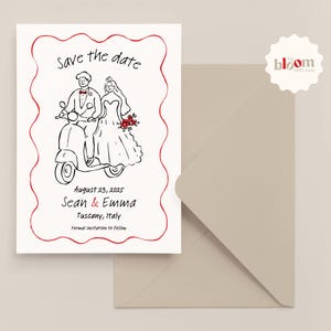 Puede incluir: Una invitación de boda con una ilustración en blanco y negro de una pareja en una moto, con el texto "Save the date". La invitación incluye la fecha 23 de agosto de 2025, los nombres Sean & Emma y la ubicación Toscana, Italia.