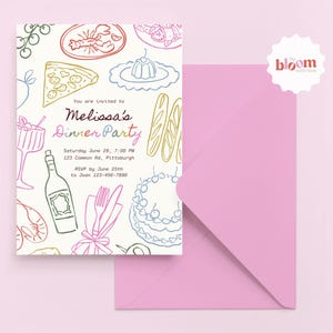 Puede incluir: Un juego de invitación y sobre rosa. La invitación presenta una ilustración caprichosa de alimentos en varios colores, con el texto "Melissa's Dinner Party". El sobre es de color rosa liso, y una pegatina blanca con el texto "bloom with love" está en la esquina superior derecha.