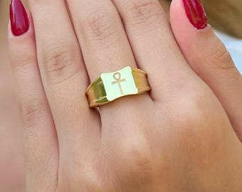 Gold Ankh Signet Ring, Sterling Silver Egyptian Jewelry