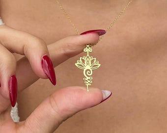 Sterling Silver Lotus Unalome Necklace, Spiritual Gift