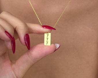 Engraved Angel Number Bar Necklace, Vertical Pendant, Lucky Numerology Jewelry