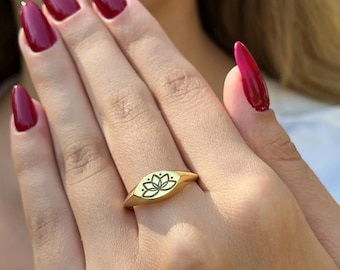 Gold Lotus Flower Signet Ring, Sterling Silver Custom Engraved Jewelry
