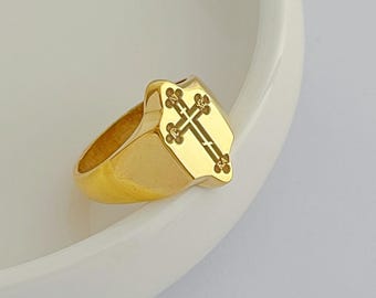 Sterling Silver Orthodox Cross Signet Ring: 14K Gold Plated Byzantine Jewelry