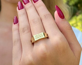 Engraved Angel Number Signet Ring: 14k Gold Plated Numerology Jewelry
