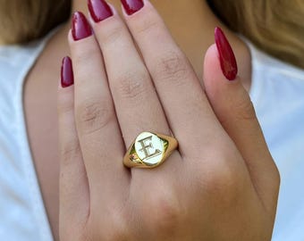 Personalized Initial Signet Ring, 14K Gold Plated Sterling Silver, Monogram Jewelry