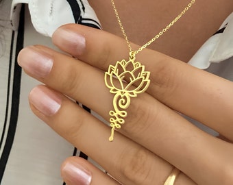 14K Gold Lotus Unalome Necklace: Minimalist Yoga Jewelry