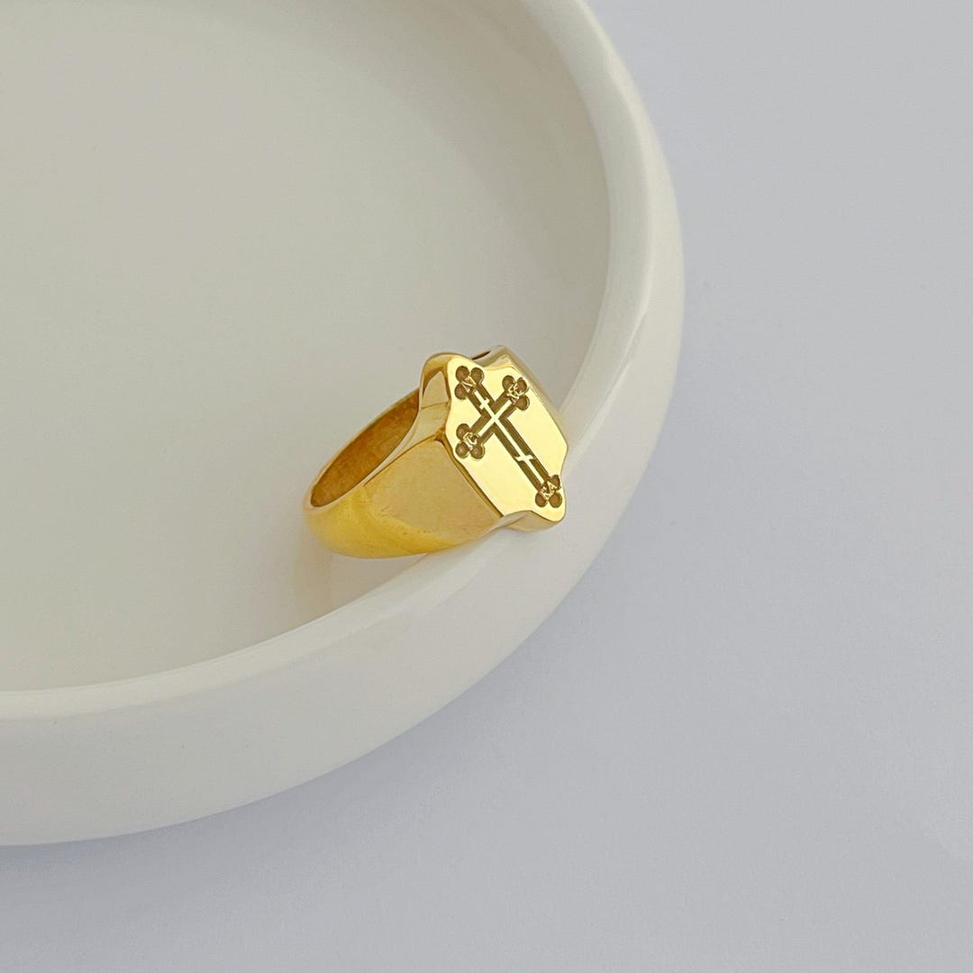 Sterling Silver Orthodox Cross Signet Ring: 14K Gold Plated Byzantine ...