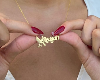 Collana personalizzata con nome da parrucchiere, ciondolo a forma di forbici e pettine, regalo di gioielli personalizzato per barbiere