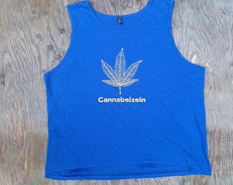 Cannabeizein Gold Leaf on Blue Tank Top With Cannabeizein Text