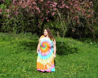 Tropical Spiral Tie Dye Dress (Made By Hippies Tie Dye In Stock in Sizes Small to 3XL) (Dharma Trading Company Mid-Calf Playdress Tank Top)