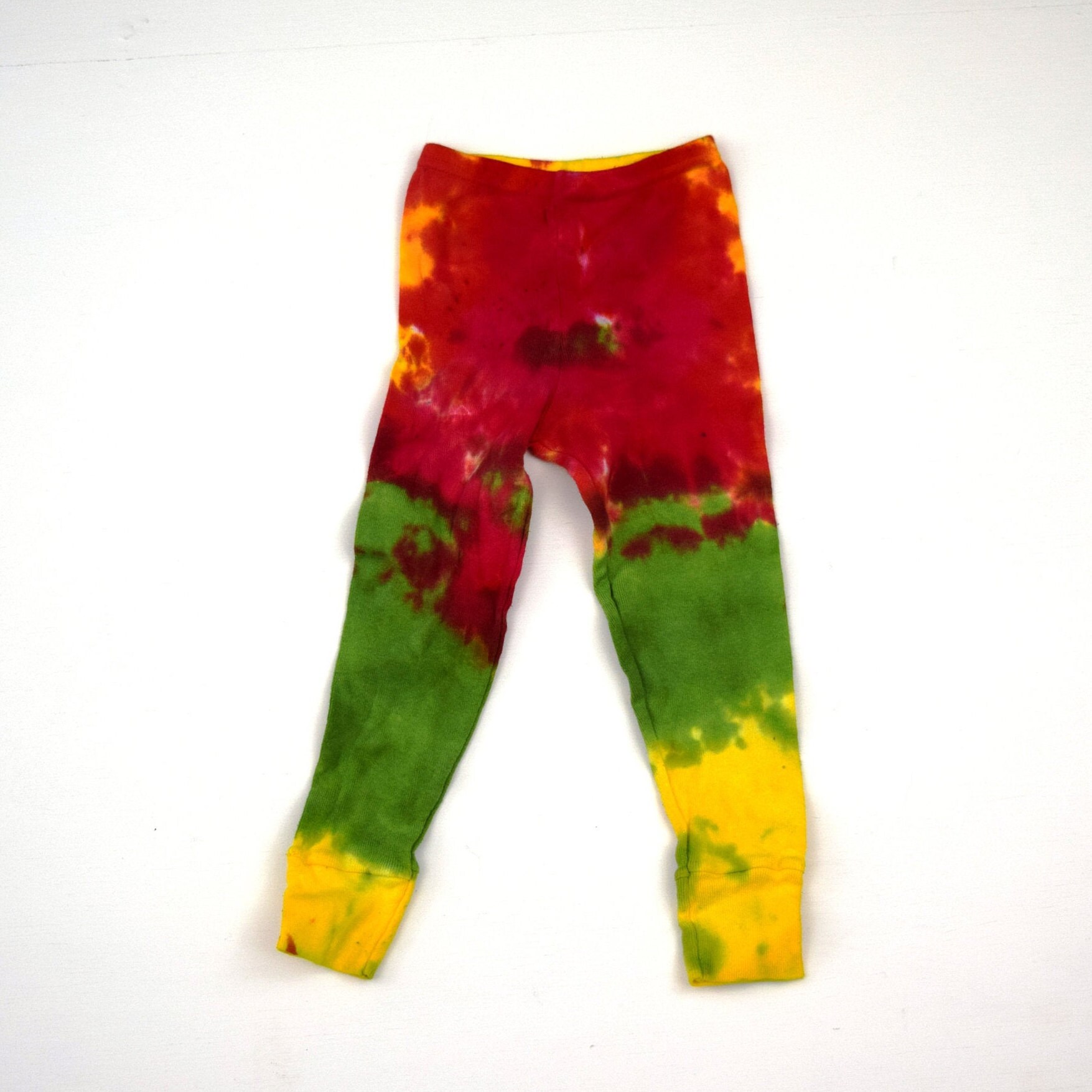 Rasta Dip ~ Tie Dye Baby Toddler Cotton Leggings Pants (Rib Knit, Cuffed, Elastic Waist 15/20")(20"long)(Dharma Size 2T)(One of a Kind)