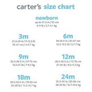 May include: Carter's size chart for baby clothes, showing measurements in inches and pounds for newborn, 3 months, 6 months, 9 months, 12 months, 18 months, and 24 months.