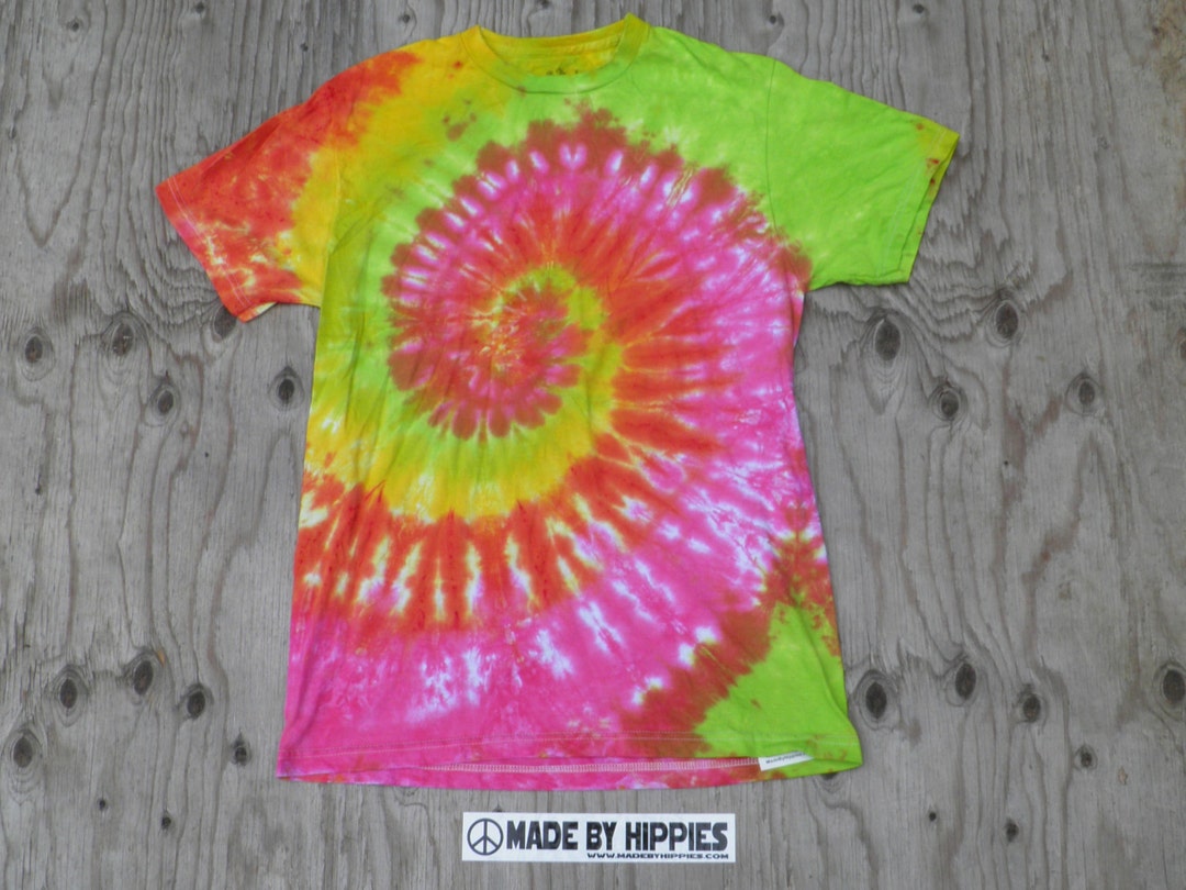 Lime Green Pink and Orange Spiral Tie Dye T Shirt fruit of the Loom Size S one of a Kind Etsy