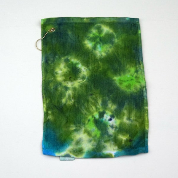 Green Shibori ~ Spots & Dots Tie Dye Disc Golf Towel  (11" X 17") (One of a Kind)