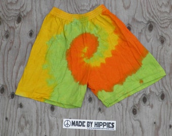 Lime Green, Orange and Yellow Spiral Tie Dye Cotton Shorts (Co Max Sportswear Size S) (One of a Kind)