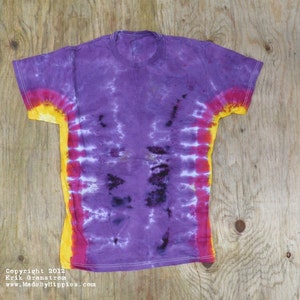 Purple with Golden Yellow Sidestripes Tie Dye T-Shirt (Fruit of the Loom Size M) (One of a Kind)