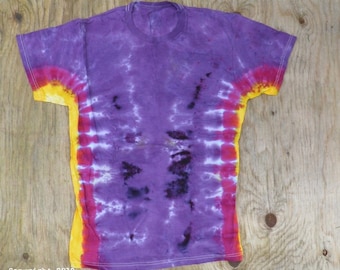 Purple with Golden Yellow Sidestripes Tie Dye T-Shirt (Fruit of the Loom Size M) (One of a Kind)