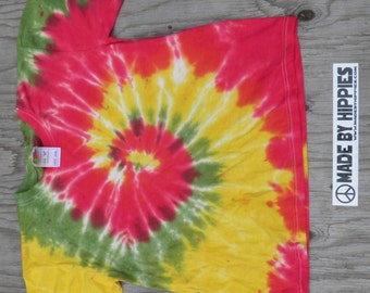 Red, Yellow and Green Spiral Tie Dye T-Shirt (Fruit of the Loom Size Youth Large) (One of a Kind)