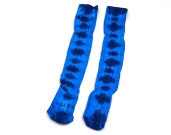 Turquoise and Blue Tie Dye Socks (Girls Cabled Pattern Knee High)(Cotton/Spandex)(Flat Cuff 2.75")(Foot Length 6.5")(Cuff to Heel 12")(OOAK)