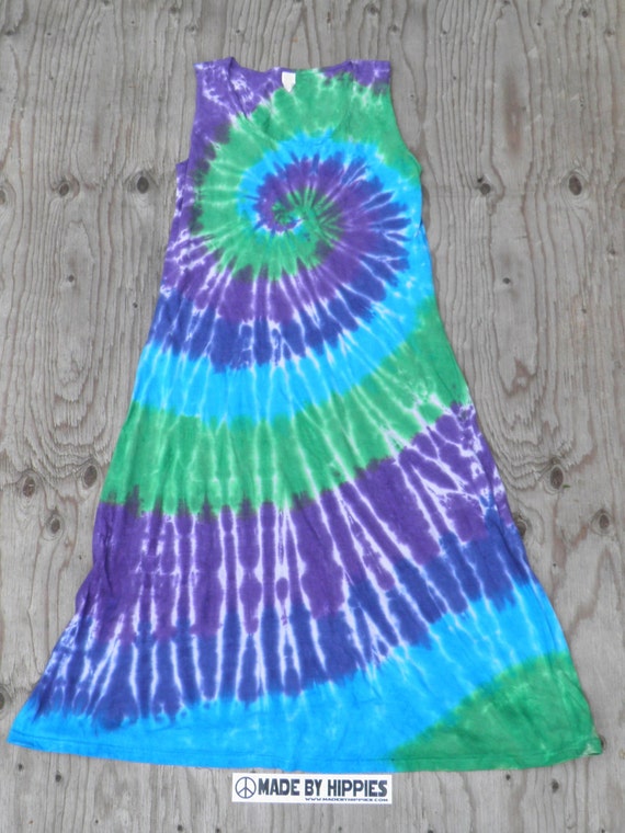 Blue, Green, Purple Spiral Tie Dye Midcalf Tank Dress (dharma