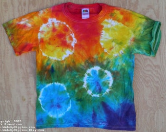 Rainbow Spots N Dots Tie Dye T-Shirt (Fruit of the Loom Size Youth L 14-16) (One of a Kind)