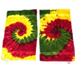Set of 2 Rasta Spiral Hand Towels (100% Cotton Terry Towel (16x29&quot;))(One of a Kind) Red Yellow Green
