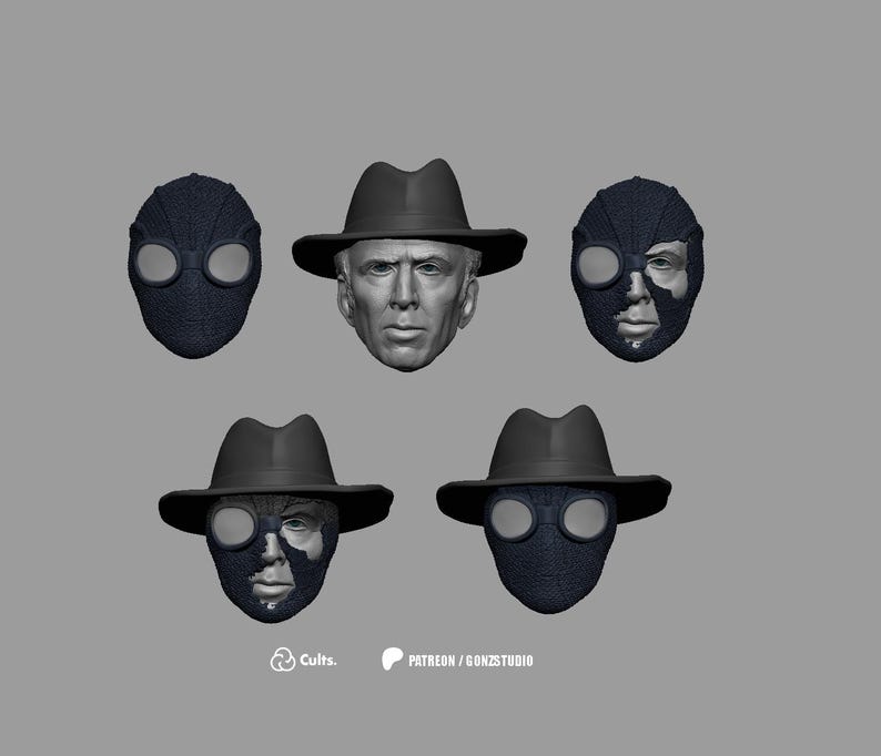 May include: A collection of five 3D digital sculpts featuring a human head wearing a fedora, a textured mask with circular goggles, and variations showing the face partially covered by the mask. Text at the bottom reads Cults. and PATREON / GONZSTUDIO.